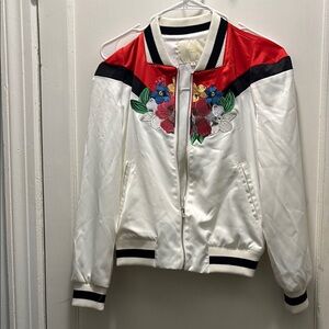 Maje White and Red Bomber Jacket with Floral Embroidery